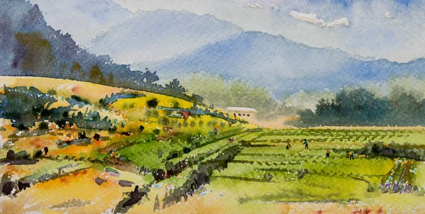 Paisagem Aquarela Pinturas Originais Sobre Papel Colorido Aldeia Rural Campo — Fotografia de Stock