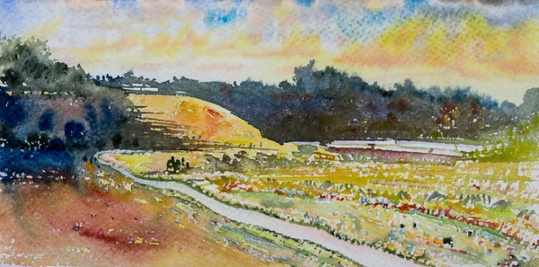 Watercolor landscape original paintings on paper colorful of Village rural, canal, cornfield, farmer farm with mountain and sky, cloud background. Hand painted beauty nature autumn season in Thailand.