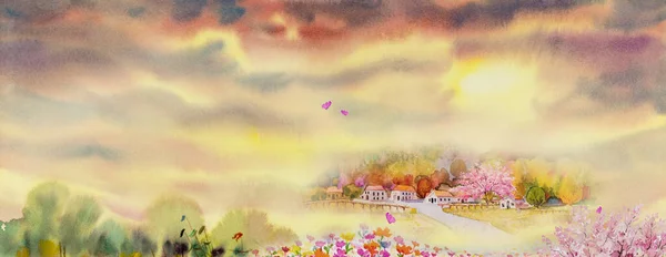 Spring festival, Watercolor landscape panorama painting on paper colorful of Village and flowers, cherry blossom, butterfly, field farm in mountain with sky background. Beauty nature season