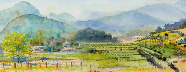 Watercolor landscape original paintings on paper colorful of Village rural, rice field, farmer farm with mountain and sky, cloud background. Hand painted beauty nature autumn season in Thailand.