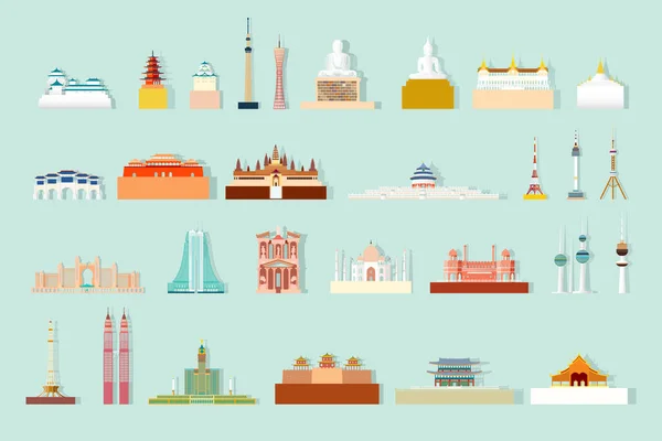 Isolierte Wahrzeichen Architektur Asien Silhouette Mit Ikone Gesetzt Reisen Berühmten — Stockvektor