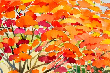   Soyut suluboya manzara orijinal resim kırmızı, turuncu tavus kuşu çiçeği rengi ve gökyüzü arkaplanı