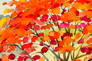  Soyut suluboya manzara orijinal resim kırmızı, turuncu tavus kuşu çiçeği rengi ve gökyüzü arkaplanı