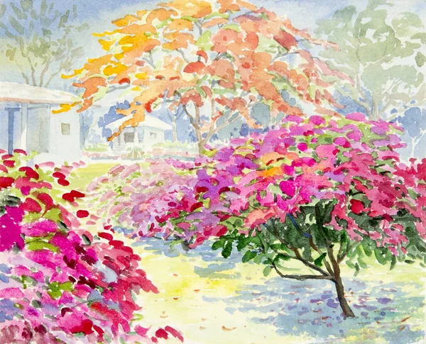 Paisagem Aquarela Pintura Original Colorido Flor Papel Jardim Emoção Fundo — Fotografia de Stock