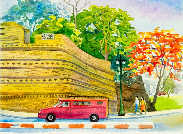 Travel landmark in Chiang Mai - Watercolor original landscape painting red color of peacock flower and red car in old wall background