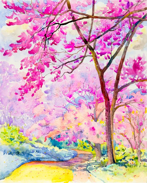 Watercolor landscape original painting colorful of  Wild himalayan cherry on  mountain and emotion in cloud background