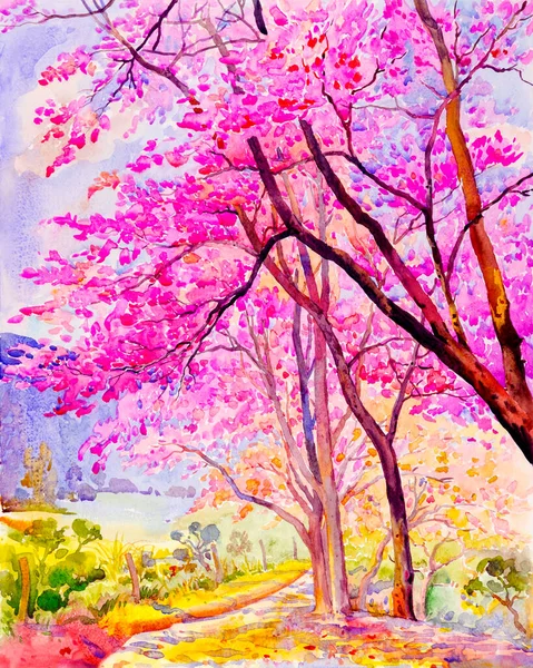 原色水彩画 色彩艳丽的野生喜玛拉雅樱桃树 深蓝色背景下的山色与情调 — 图库照片
