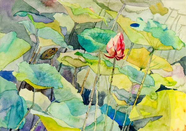 Krásná Květina Akvarel Krajina Originální Malba Barevné Lotosu Lotosovém Jezírku — Stock fotografie
