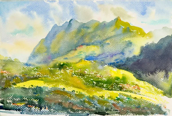 Watercolor original paintings - Landscape painting colorful, illustration, forest ,mountain range and emotion in sky cloud background.