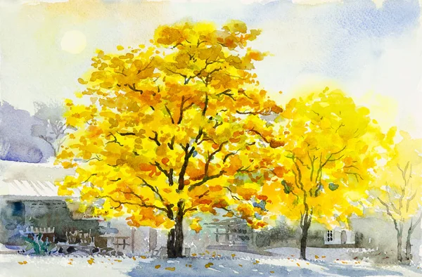 stock image Watercolor painting original yellow color of golden tree flower and Home Street in blue background. Original painting