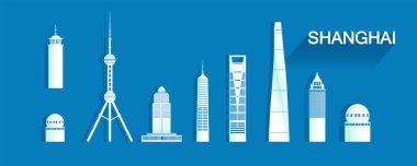Mavi arka planda izole edilmiş siluet mimarisi olan Şangay 'ın tarihi yerleri. Şangay mimari simgesi ve sembolü, Çin 'e turne için bir simge. Broşür, reklam, şablon için..