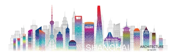 Sylwetka Architektury Podróży Szanghaju Kolorowym Stylu Pół Tonu Tour Shanghai — Wektor stockowy