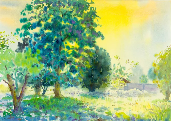緑の木々の庭と空の背景の感情のカラフルな水彩画のオリジナル絵画 — ストック写真