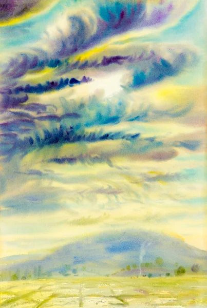 摘要水彩画是蓝天背景下多彩的雨云与感情原作 — 图库照片