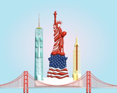 Amerika 'nın simgesi ve San Francisco ve New York' un simgesi. 3D çizim vektör illüstrasyonuyla güzel bir mimari. Amerika 'nın dünya dönüm noktası.