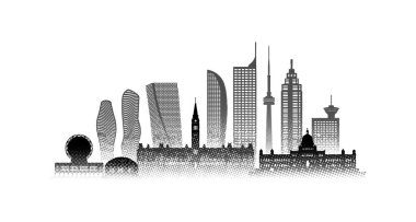 Kanada 'da, Toronto' da, Kuzey Amerika 'da yarım ton tarzında seyahat eden mimari siluet simgesi. Amerika 'nın ünlü mimari binalarını gezmek. Siyah ve beyaz Yarıton etkisi.