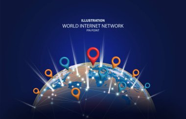 Pin Point ile dünya haritası teknolojisi internet ağı. Global Continent 3d, Asya, Amerika, Avustralya, Afrika, Avrupa, Küresel. Simge ve sembol gezegeni. Reklamcılık için vektör. Dünya gezegeninde bir nokta..