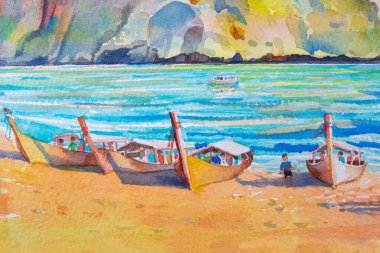 Tayland 'da Maya Körfezi' ni gezmek - suluboya boyası turizm okyanusu deniz dalgası yolcu gemisi, dağ bulutu gökyüzü arka planı. Yaz mevsimi illüstrasyonlu deniz, soyut görüntü.