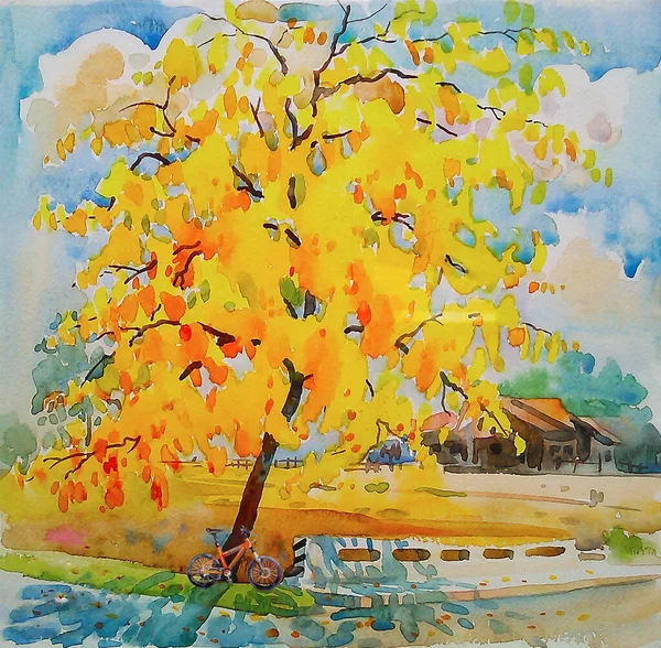 Barevné Žluté Strom Krásné Scenérie Akvarel Krajina Původní Obrazy Polní — Stock fotografie