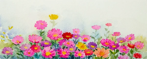 Akvarel Krajiny Malby Barevné Pole Růžové Sedmikrásky Zahrada Přírodní Kopií — Stock fotografie
