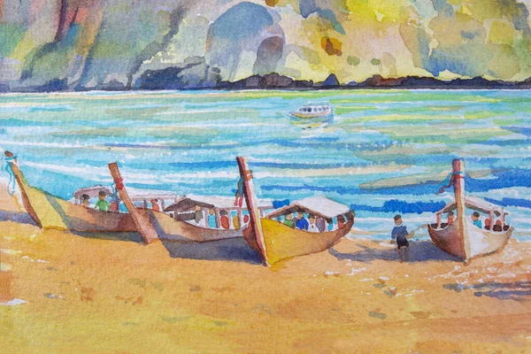 Resor Maya Bay Thailand Akvarell Målning Havsbild Färgglada Turism Hav — Stockfoto