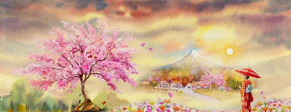 日本の旅行桜祭り アジアの有名なランドマーク 日本の伝統的な着物を着た女性 空を背景に水彩画のイラスト 人気の観光名所 — ストック写真