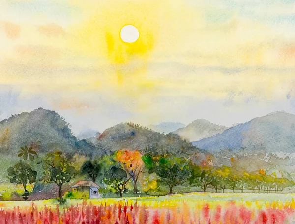 Acuarela Paisaje Pintura Panorama Colorido Flores Hierba Árboles Bosque Granja —  Fotos de Stock
