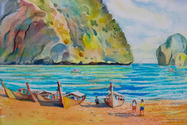 Viagem Maya Bay Marcos Tailândia Watercolor Pintura Paisagem Marinha Colorido — Fotografia de Stock