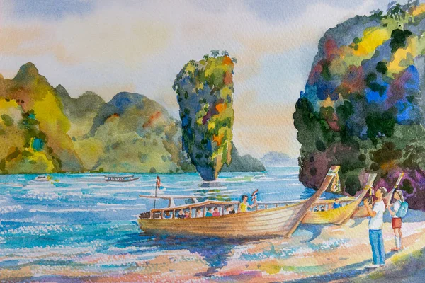 Viagem Colorida Verão Aquarela Pintura Seascape Papel Phang Nga Bay — Fotografia de Stock