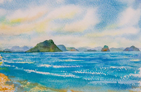 Aquarela Pinturas Paisagem Marinha Panorama Colorido Mar Turismo Oceano Praia — Fotografia de Stock