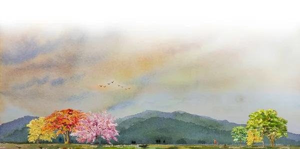 Festival Primavera Paisagem Aquarela Pintura Panorama Sobre Papel Colorido Flores — Fotografia de Stock