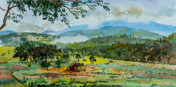 Akwarela Krajobraz Oryginalne Obrazy Papierze Kolorowe Wsi Pole Ryżowe Gospodarstwo — Zdjęcie stockowe