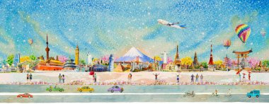 İnsanlar, arabalar ve balonlarla dünyayı dolaşmak. Şehir manzaralı ünlü dünya simgeleri. Duvar kağıdı arkaplanı için suluboya manzara resmi çizimi, popüler turistik cazibe.