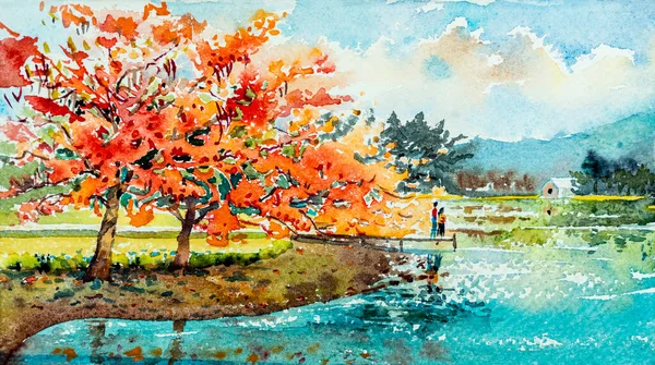 Watercolor landscape paintings Peacock flower in garden riverside with man, women couple and mountain forest sky background, in beauty nature spring season. Painting impressionism, illustration image.
