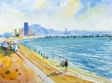 Tayland 'da seyahat manzarası - suluboya deniz boyası turizm okyanusu deniz dalgası yolcu gemisi, dağ bulutu gökyüzü arka planı. Yaz mevsimi illüstrasyonlu deniz, soyut görüntü.