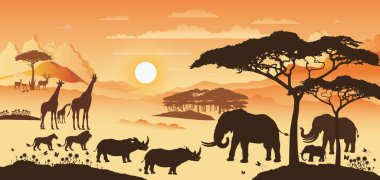 Günbatımında ya da çöl çayırlarında gün doğumunda vahşi yaşam siluetleriyle Afrika illüstrasyon manzarası. Afrika vahşi hayvan sürüsü panoramik manzara, dağlar ve ufuk çizgisi, vahşi doğa