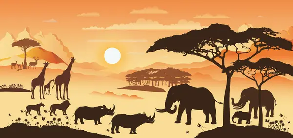 African illustration landscape with silhouettes of animal wildlife at sunset or sunrise in desert grassland field. African herd of wild animals panoramic view, mountains and skyline, wild nature
