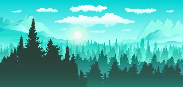 Vector panoramic landscape of forest with green and blue silhouettes of pine trees on mountain and hills background. Panorama scenery woodland pine forest in mountain range for wallpaper background.