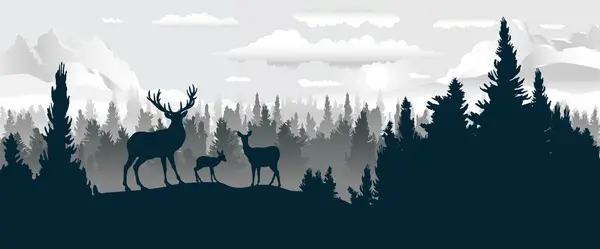 Deers family silhouettes, Vector illustration panoramic landscape of forest with deers family silhouettes on mountain hills background. Panorama woodland pine forest in mountain range for wallpaper.