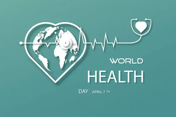 Health world day heart icon, World Health Day is a global health awareness day celebrated. Vector illustration sign symbol poster concept design on blue gray with world map in heart and stethoscope.