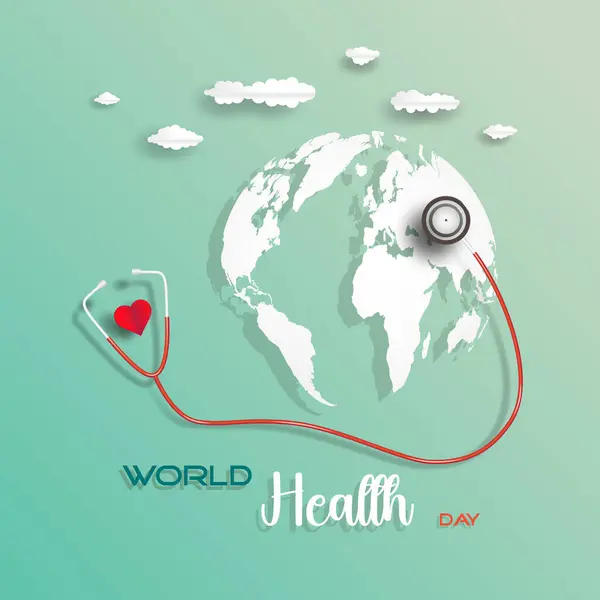 Health world day 2024, Vector illustration sign symbol poster concept design on green with world map and stethoscope. World Health Day is a global health awareness day celebrated, Design Template.