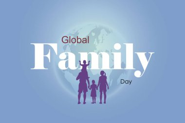 Global Family Day with world map globe background. International Family Day Wishing Greeting Card. World Family Day with Father, Mother, Daughter and Son. Vector Illustration. clipart