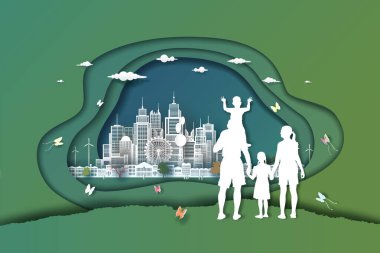 Aile ve park yeri yeşil şehir. Çevresel yeşil şehirli kağıt sanatı stili, insanlar açık hava aktivitelerini seviyor, gezegeni ve enerji kavramını kurtarıyor, kağıt kesimi ve zanaat stili..