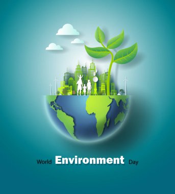 Dünya haritası küresi ve şehir arkaplanlı Dünya Çevre Günü. Yeşil şehir için uluslararası çevre koruma programı. Ekoloji, Doğa, Küresel, Ekoloji Konsepti. Akıllı şehir için Vektör İllüstrasyonu.