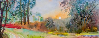 Watercolor landscape paintings panorama colorful of flowers tree garden and farm mountain forest in sunrise with sky background in nature spring season. Painting illustration image. clipart