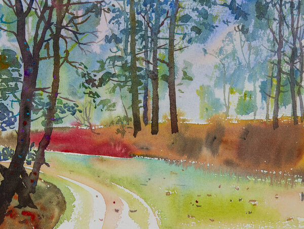 Акварельный пейзаж картины Яркие цвета деревьев на обочине дороги Весной с горным лесом на фоне восхода солнца на природе. Изображение иллюстрации.