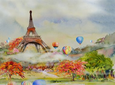 Seyahat tatili. Eiffel kulesi Paris Fransa 'da balonla geziyor. Dünyanin ünlü simgeleri. Sonbaharda suluboya manzara çizimi ve Noel & Yeni Yıl popüler turunun gökyüzü arkaplanı.