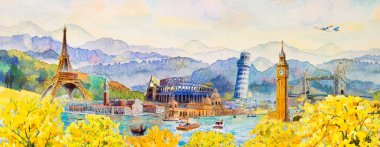 Seyahat sonbahar festivali Avrupa, İtalya, Londra ve Fransa 'nın ünlü simgeleri. Dünya çapında suluboya manzara resimleri manzara dağ arka planı, popüler gezi.