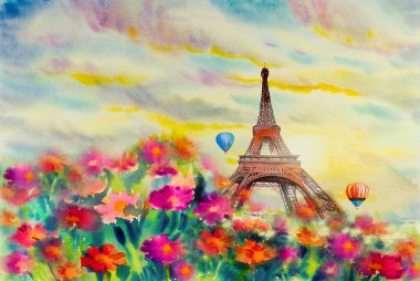 Seyahat tatili. Eiffel kulesi Paris Fransa 'da balonla geziyor. Dünyanin ünlü simgeleri. İlkbahar ve gökyüzü arka planında suluboya manzara resimleri Noel & Yeni Yıl popüler turunun.