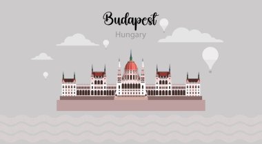 Budapeşte 'de Macaristan' ı gezmek antik mimari. Avrupa 'nın ünlü mimarisinin turu. Budapeşte 'deki parlamento binasının turizm illüstrasyonu. Minimalist stil